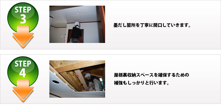 ■STEP3:墨だし箇所を丁寧に開口していきます。■STEP4:屋根裏収納スペースを確保するための補強もしっかりと行います。
